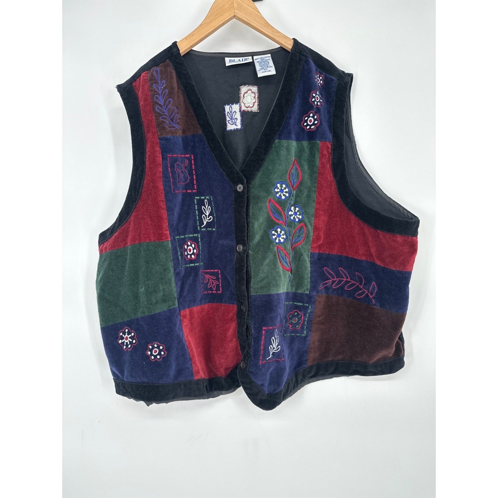 Vintage Blair Vest Women 3XL Patchwork Velour Embroidered Fall Cottage Granny